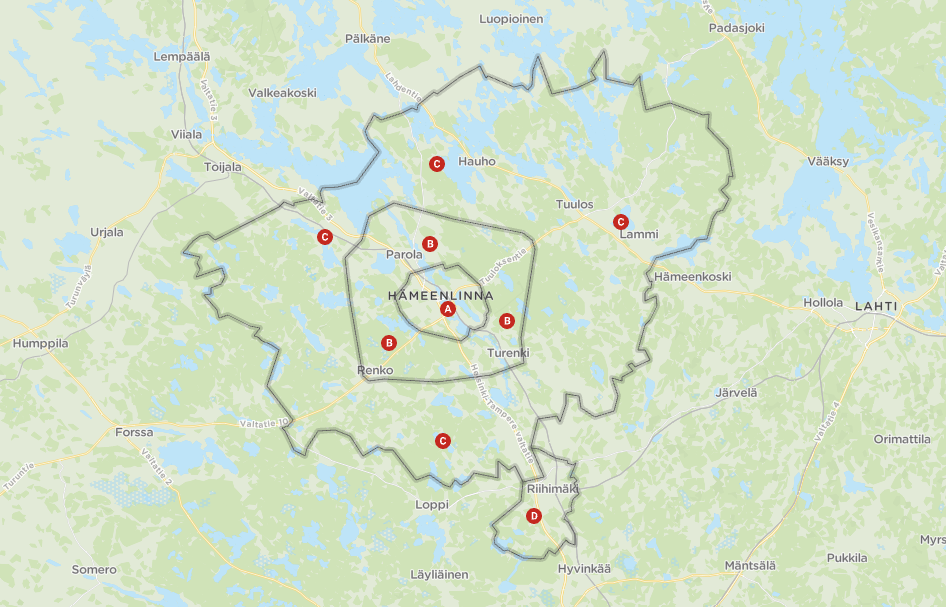 Karttakuva Hämeenlinnan seudun joukkoliikenteen vyöhykkeistä A-D.